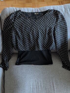 QED London Black Blouse with Cream Polka Dots